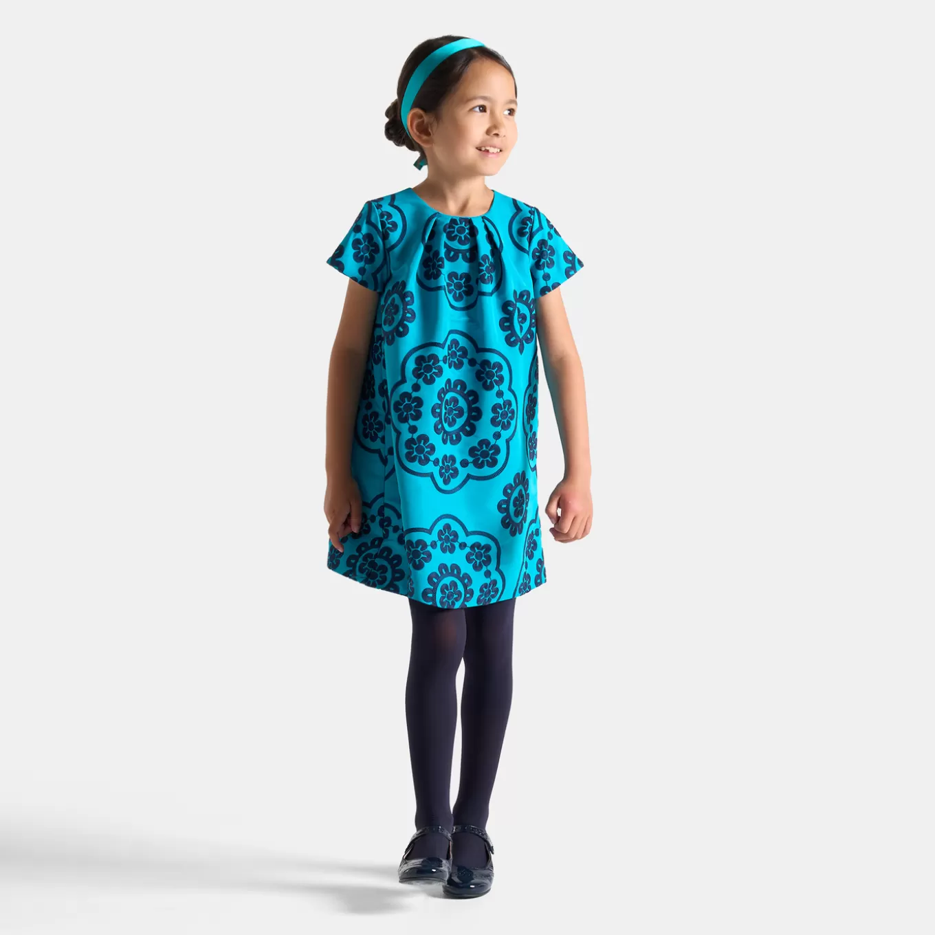 Clearance Jacadi Mädchenkleid aus Taft TÜRKISBLAU
